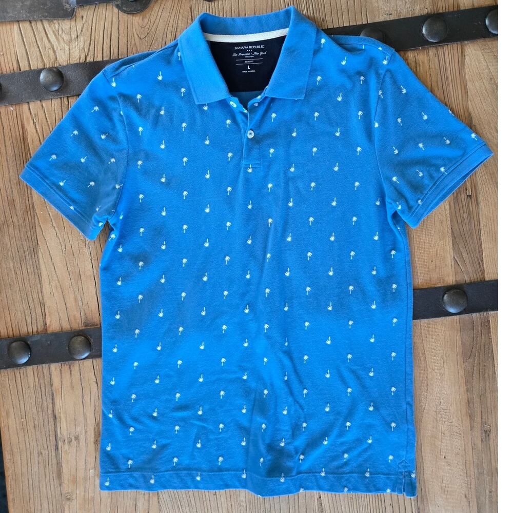 Banana Republic Factory Slim Fit Blue Palm Tree Polo Shirt Sz L